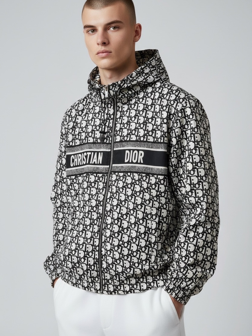 D ior Black & White Monogram Hooded Windbreaker